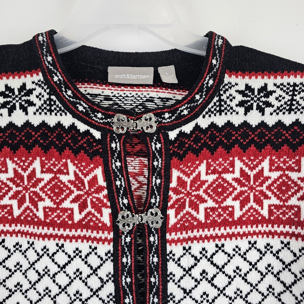 Croft & Barrow Sweater Cardigan Womens Large Black Fair Isle Nordic Chenille - Picture 2 of 9